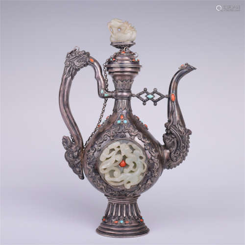 CHINESE JADE INLAID SILVER KETTLE