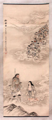 CHINESE SCROLL PAINTING OF FIGURES ON CLOUD