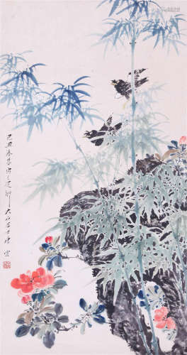 CHINESE SCROLL PAINTING OF SPARROW AND BAMBOO