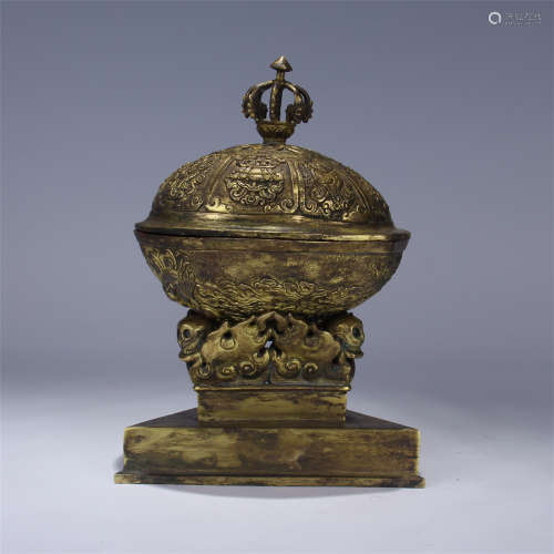 TIBETAN GILT BRONZE LIDDED JAR