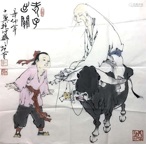 CHINESE SCROLL PAINTING OF OLD MAN ON OX WITH A BOY
