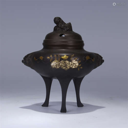 CHINESE GOLD INLAID BRONZE LIDDED CENSER