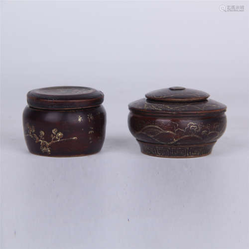 TWO CHINESE GOLD PAINTED LACQUER SCHOLAR'S JARS