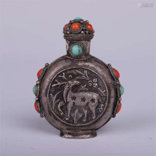 CHINESE GEM STONE INLAID SILVER SNUFF BOTTLE