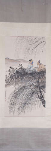 CHINESE SCROLL PAINTING OF COUPLE IN BOAT