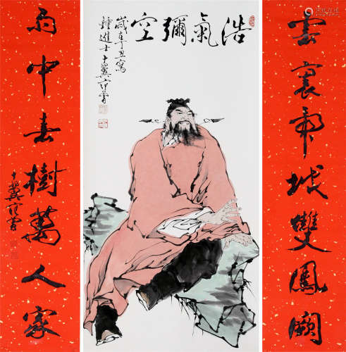 CHINESE SCROLL PAINTING OF MAN ON ROCK WITH CALLIGRAPHY COUPLET