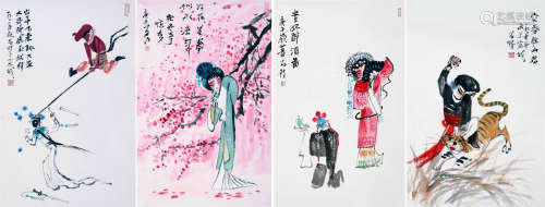 FOUR PANELS OF CHINESE SCROLL PAINTING OF OPERA FIGURES