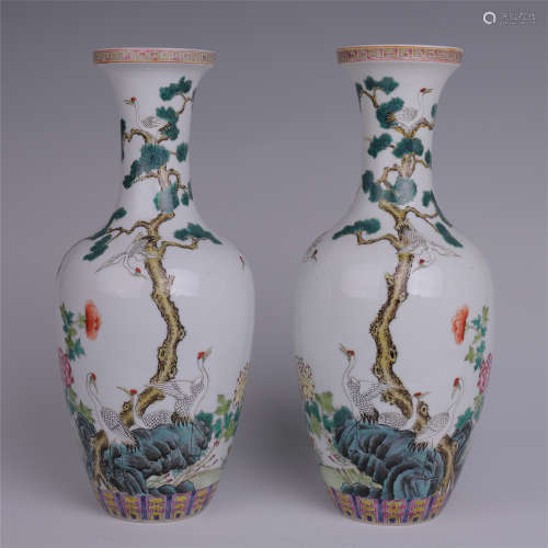 PAIR OF CHINESE PORCELAIN FAMILLE ROSE CRANE AND PINE VASES