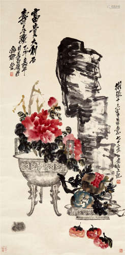 CHINESE SCROLL PAINTING OF FLOWER AND ROCK