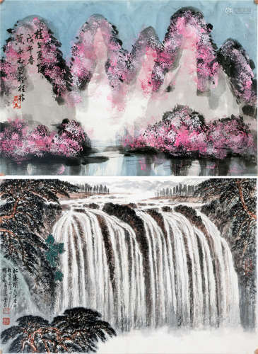TWO PAGES OF CHINESE ALBUM PAINTING OF MOUNTAIN VIEWS