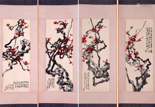 FOUR PANELS OF CHINESE SCROLL PAINTING OF PLUM BLOSSOMMING