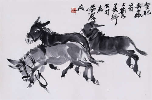 CHINESE SCROLL PAINTING OF THREE DONKEY WITH PUBLICATION