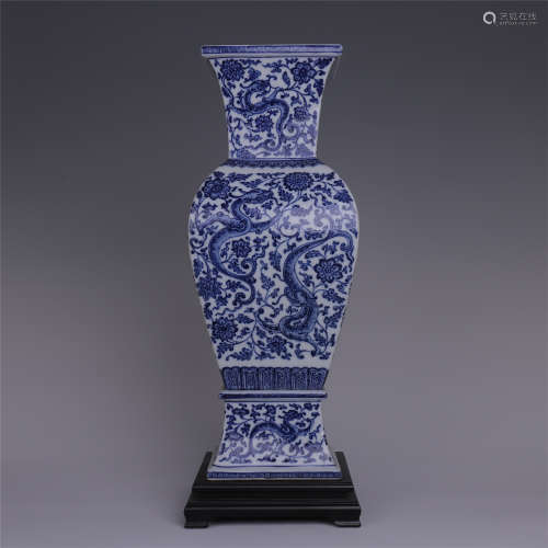 CHINESE PORCELAIN BLUE AND WHITE DRAGON SQUARE VASE