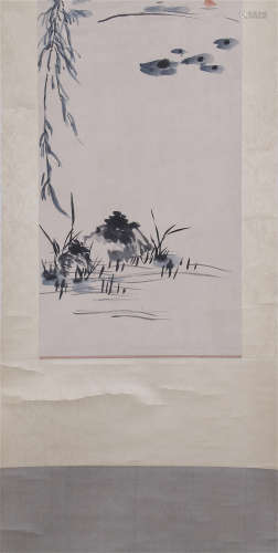 CHINESE SCROLL PAINTING OF DUCK UNDER WILLOW