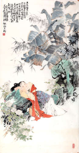 CHINESE SCROLL PAINTING OF SLEEPING BEAUTY UNDER TREE
