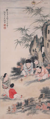 CHINESE SCROLL PAINTING OF BOY PLAYING