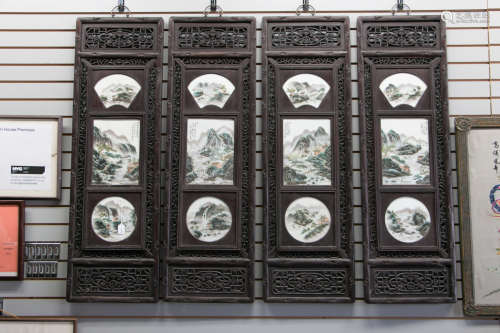 Four chinese porcelain plate screen with hardwood frame