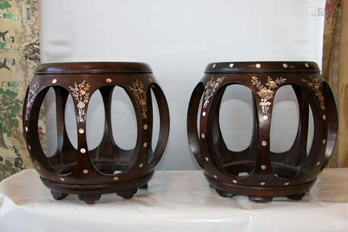 A pair of rosewood set shell stool