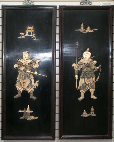 A pair of chinese hardwood screen set jade