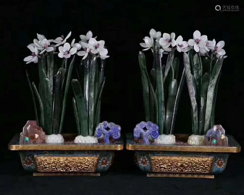 PAIR OF CLOISONNE GLITED BONSAIS