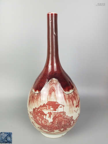 A RED GLAZED LANDSCAPE AND FIGURE LONG NECK VASE