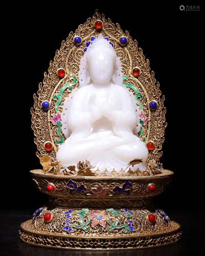 SILVER GLITED HETIAN JADE BUDDHA FIGURE