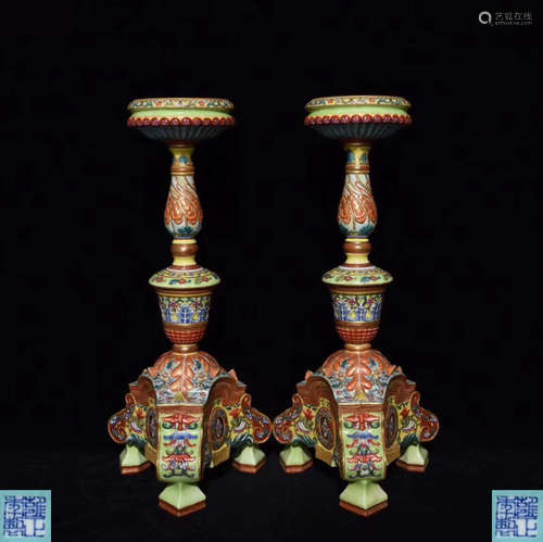 PAIR ENAMELED FLORAL PATTERN CANDLESTICKS