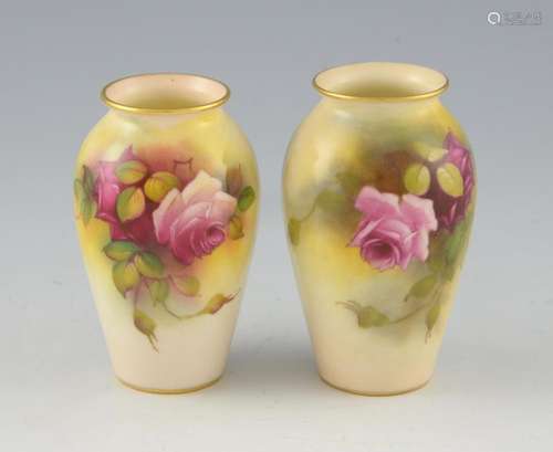 Pair of Royal Worcester Rose painted vases by Mild