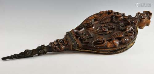 19th century mahogany and leather bellows in carve