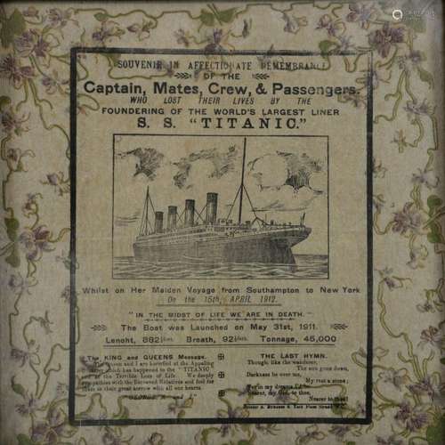 Titanic interest, a printed napkin, 'Souvenir in a