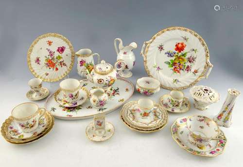 Dresden porcelain cups, saucers, plates, and a tea