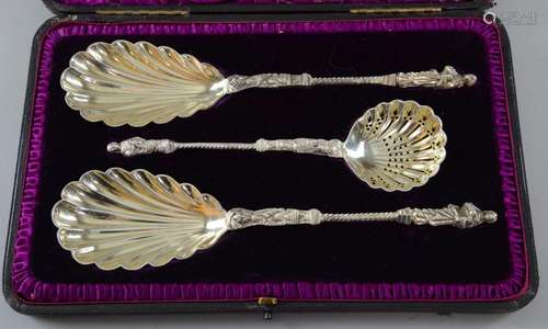 Set of three Victorian silver spoons, one a sifter