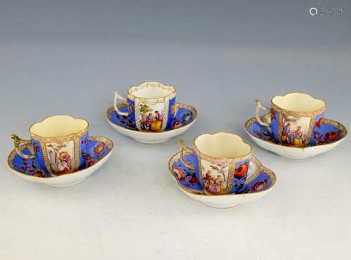 Four Dresden porcelain quatrefoil cups and saucers