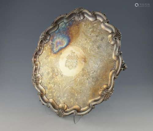 Large silver plated tray with shell and scroll mou