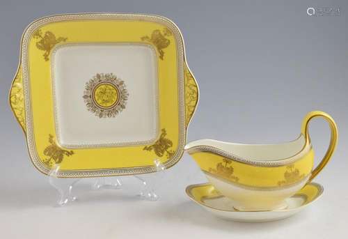 Wedgwood Columbia yellow and gilt sauce boat and s