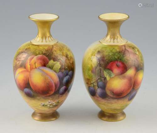 Pair Royal Worcester ovoid vases painted with frui