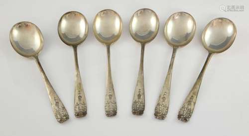 Set of six George V silver soup spoons with with r