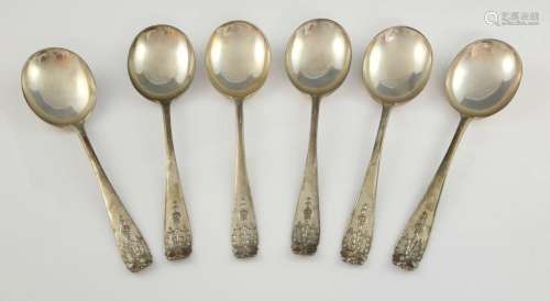 Set of six George V silver soup spoons with with r