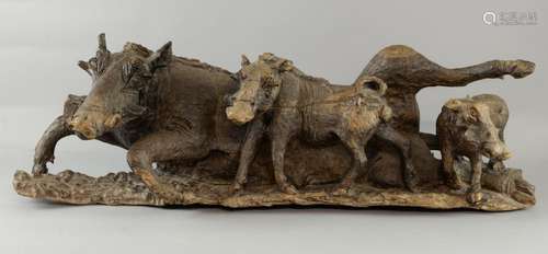 Ironwood African carved sculpture of a warthog fam