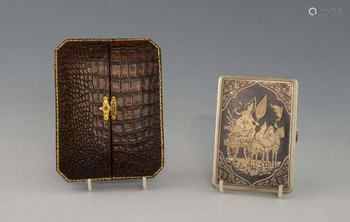 Thai silver cigarette case in fitted faux crocodil