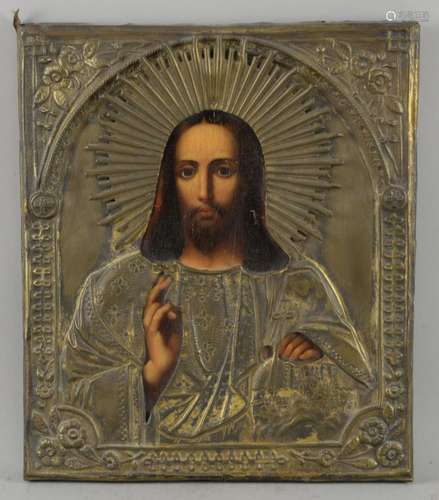 Icon of Christ Pantocrator with embossed metal okl