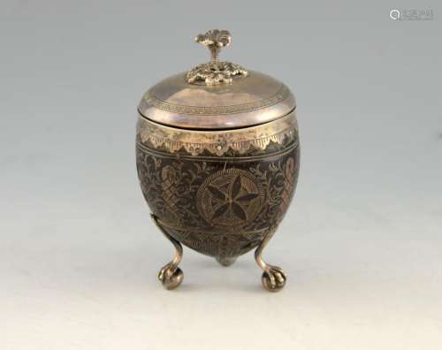 19th century silver mounted carved coconut pot, on