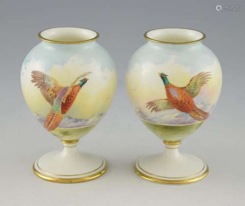 Pair of Minton pedestal vases painted with pheasan