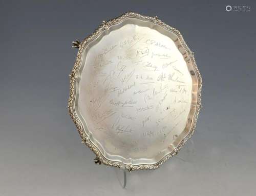 Victorian silver salver, engraved with signatures,