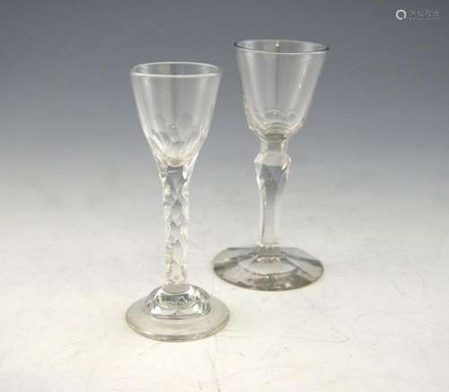 Two 18th century wine glasses on facet cut stems a