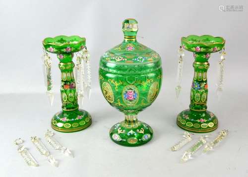 Pair of 19th century green glass table lustres, 21