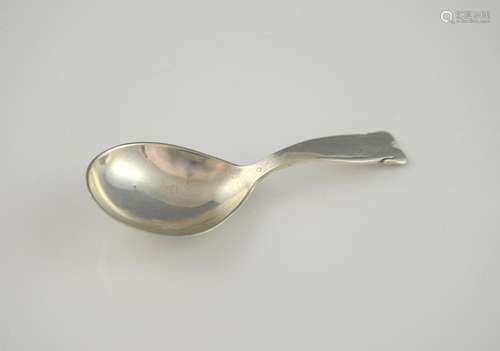 Danish silver caddy spoon, with scrolling terminal