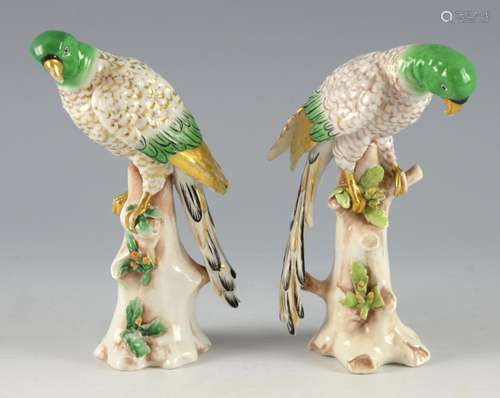 Pair of early 20th century porcelain parrots, 20cm