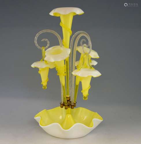 Victorian yellow and white cased glass epergne wit