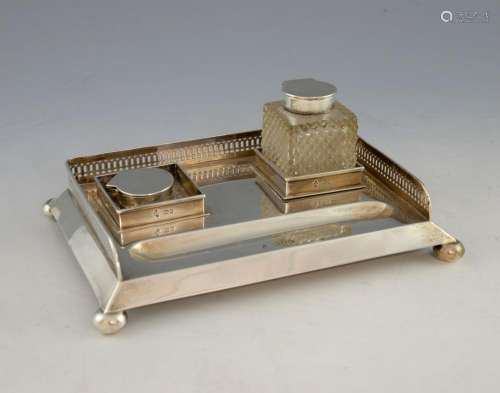 Victorian silver galleried desk stand with twin in
